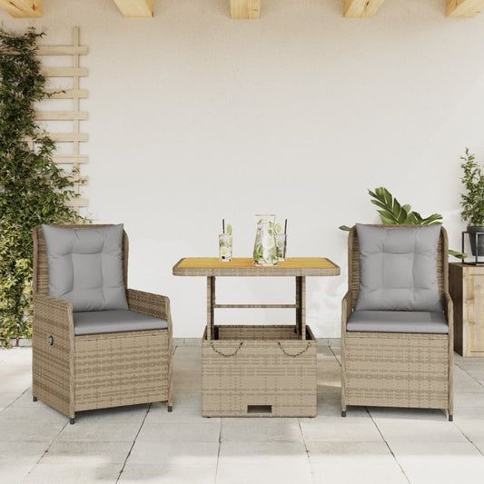 3-delige Bistroset met kussens poly rattan beige