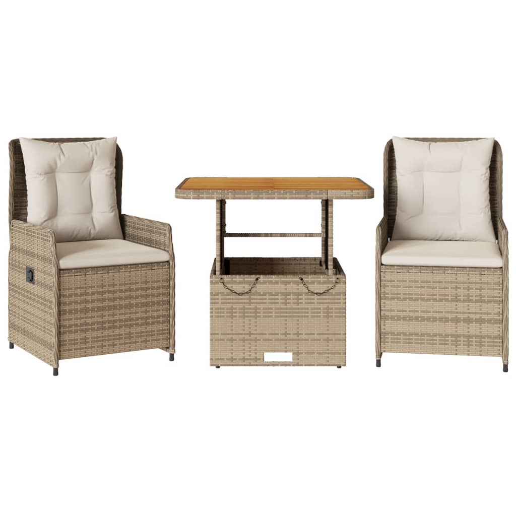 3-delige Bistroset met kussens poly rattan beige