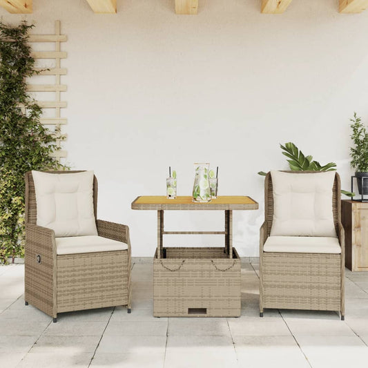 3-delige Bistroset met kussens poly rattan beige