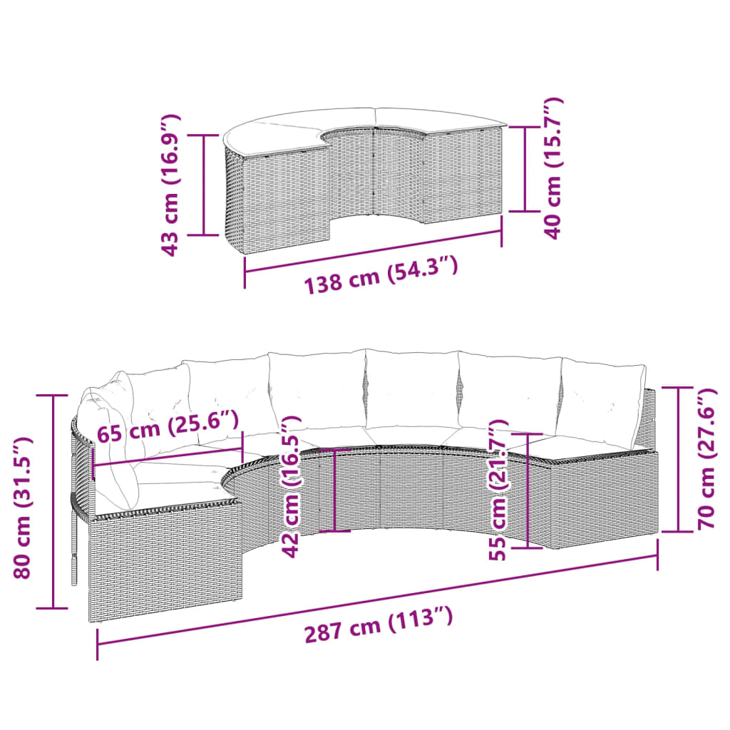 2-delige Loungeset halfrond poly rattan zwart