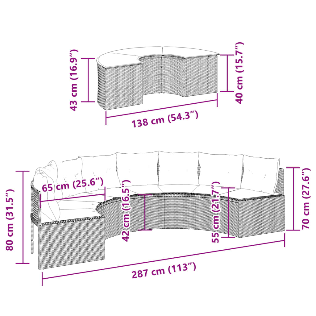 2-delige Loungeset halfrond poly rattan grijs