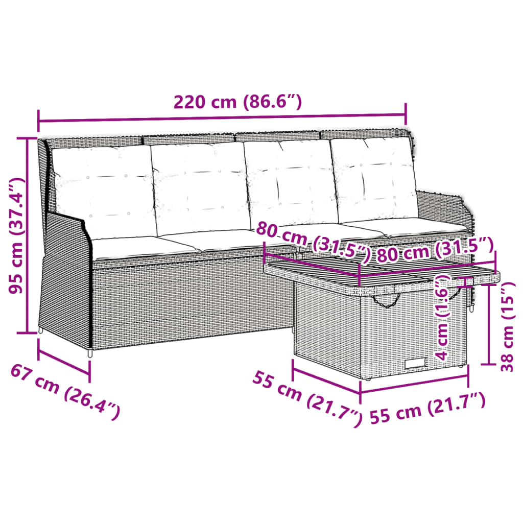 3-delige Loungeset met kussens poly rattan zwart