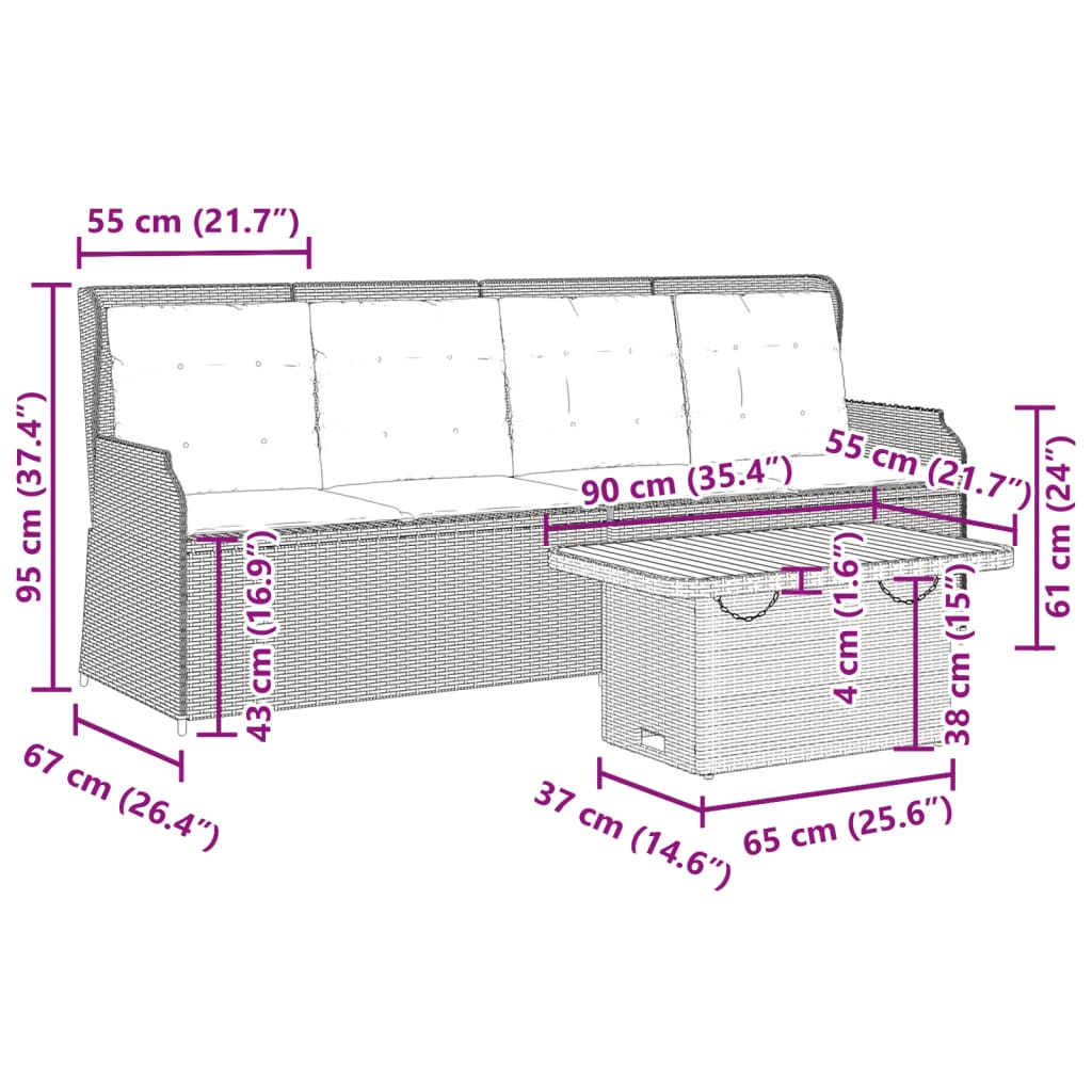 3-delige Loungeset met kussens poly rattan grijs