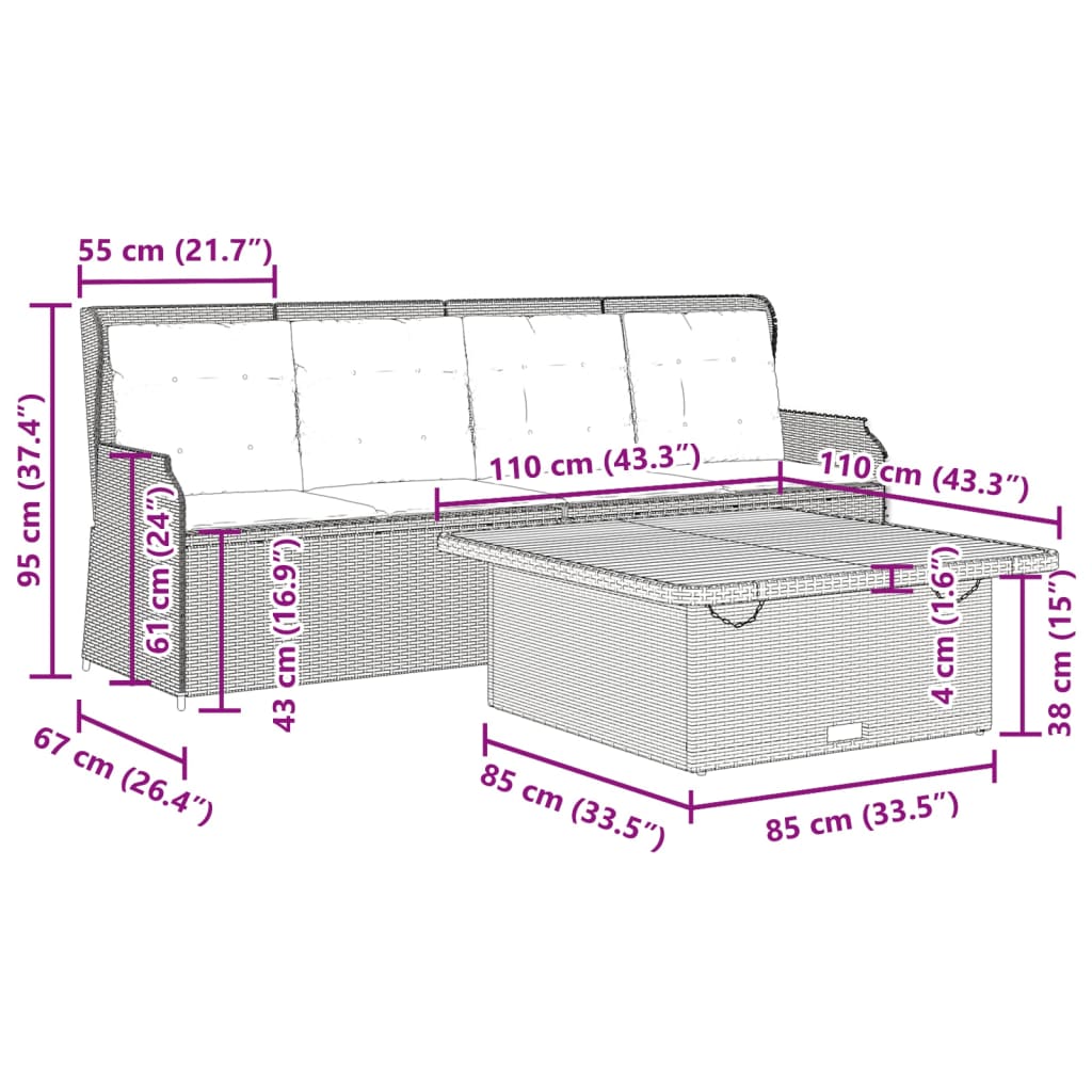 3-delige Loungeset met kussens poly rattan zwart