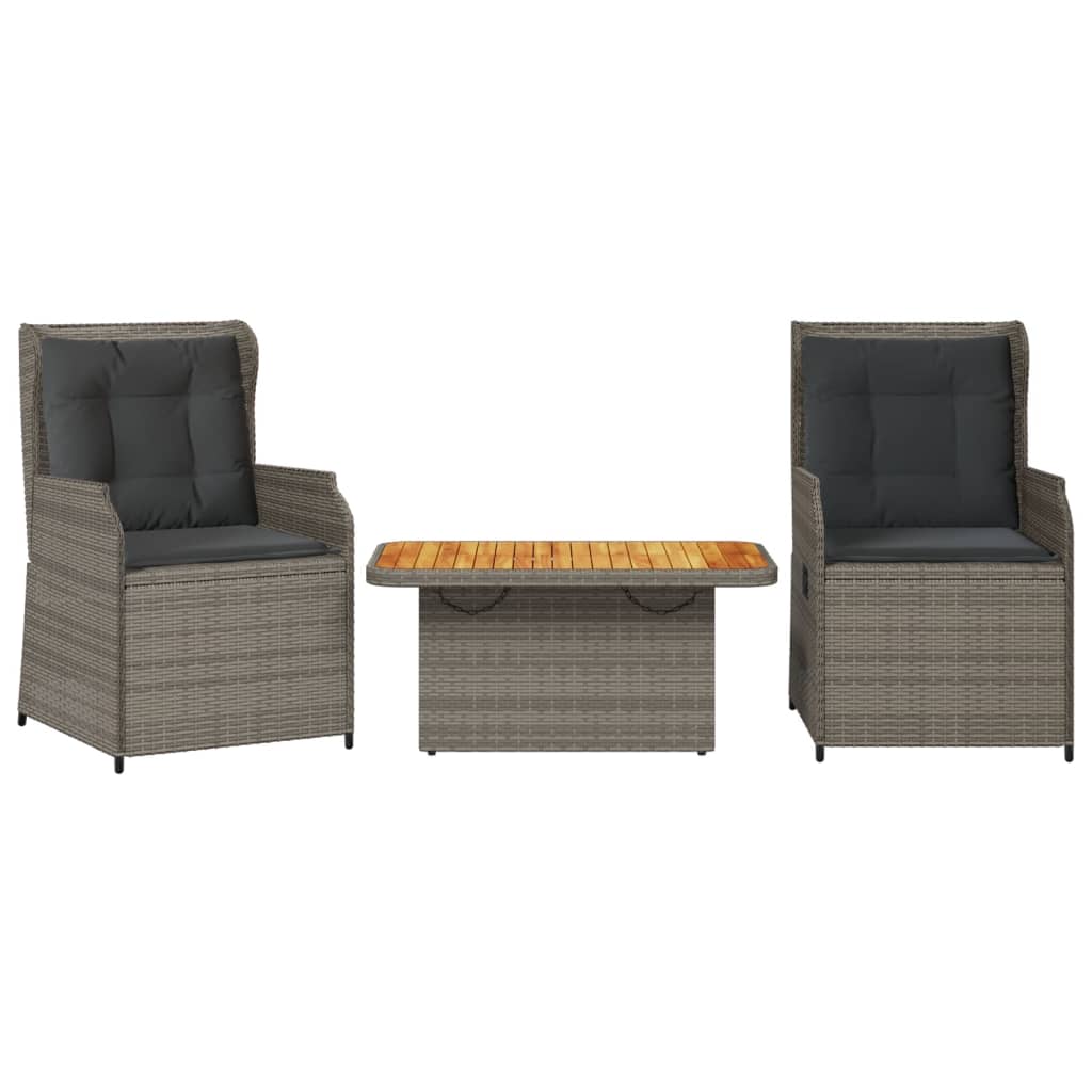 3-delige Loungeset met kussens poly rattan grijs