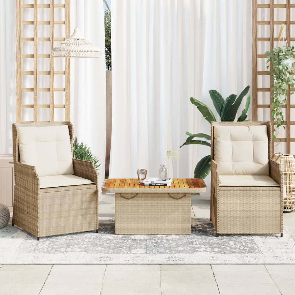 3-delige Loungeset met kussens poly rattan beige