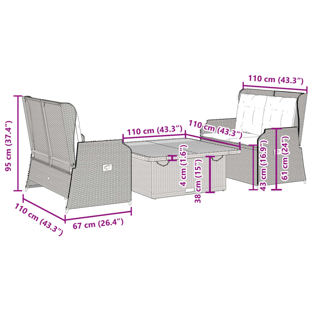 3-delige Loungeset met kussens poly rattan zwart