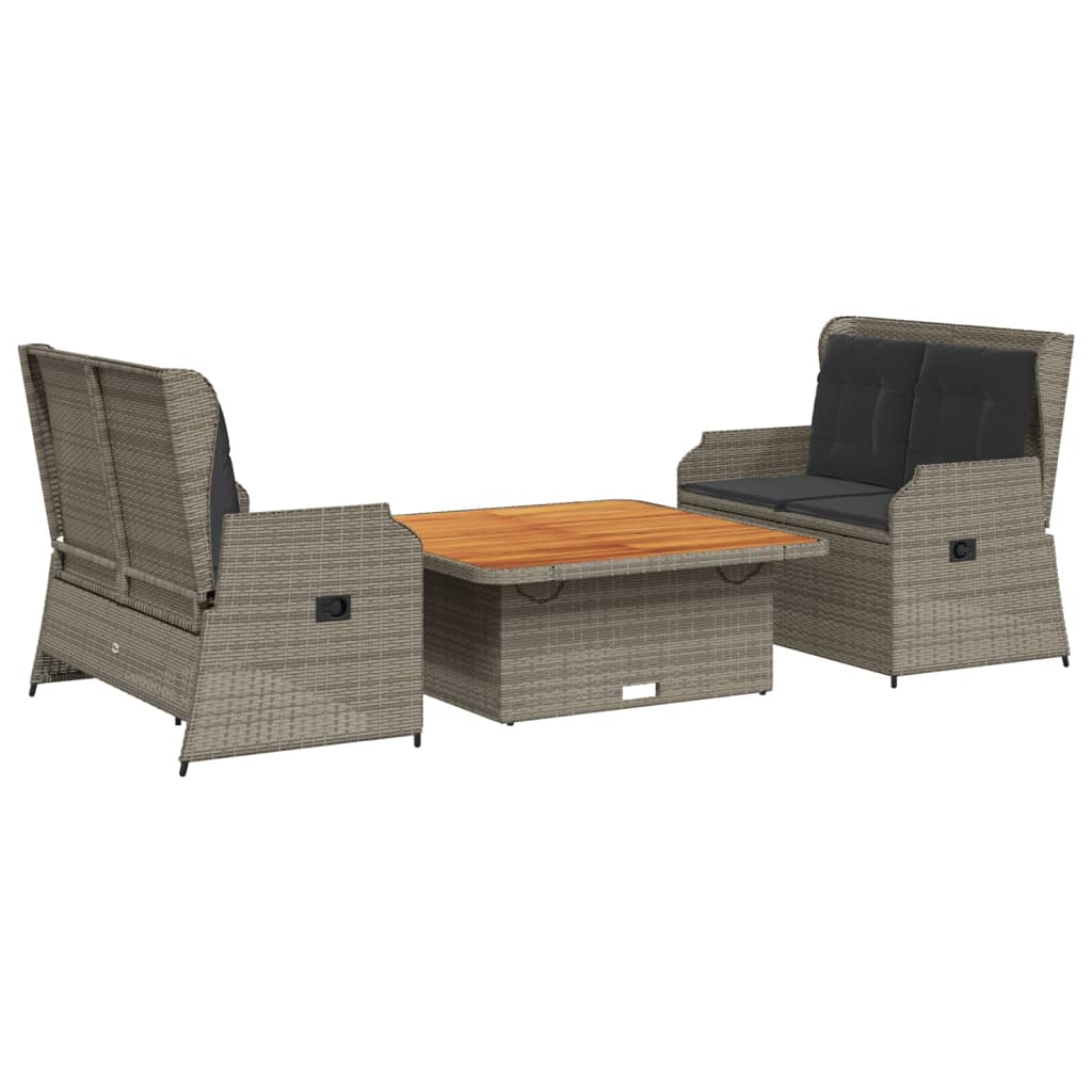 3-delige Loungeset met kussens poly rattan grijs