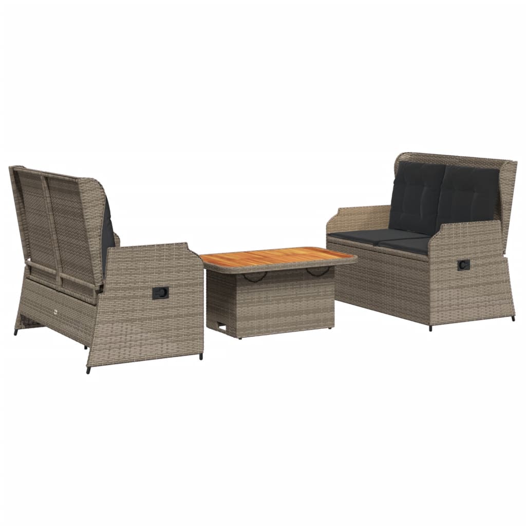 3-delige Loungeset met kussens poly rattan grijs