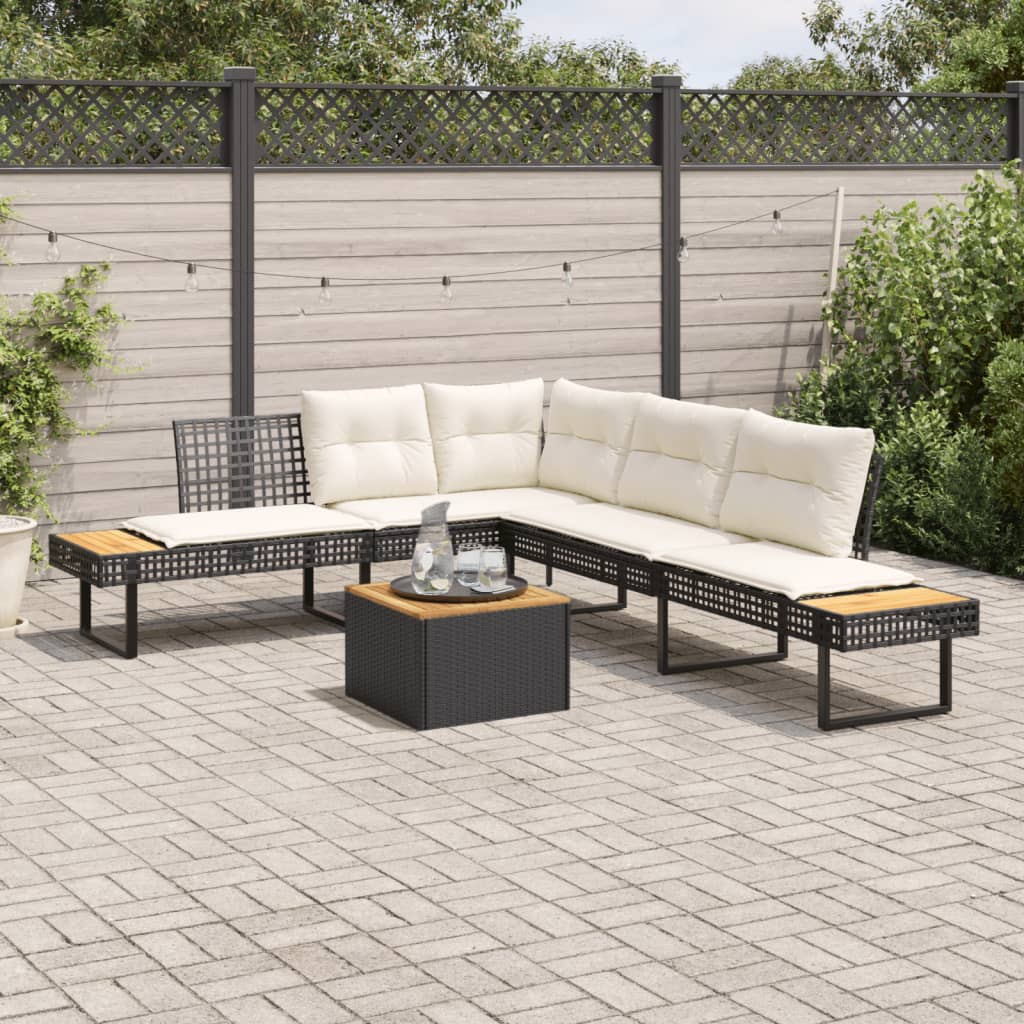 2-delige Loungeset met kussens poly rattan en acaciahout zwart