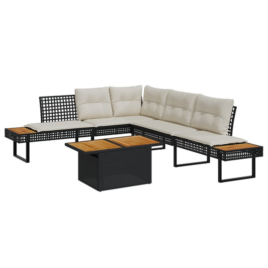 2-delige Loungeset met kussens poly rattan en acaciahout zwart