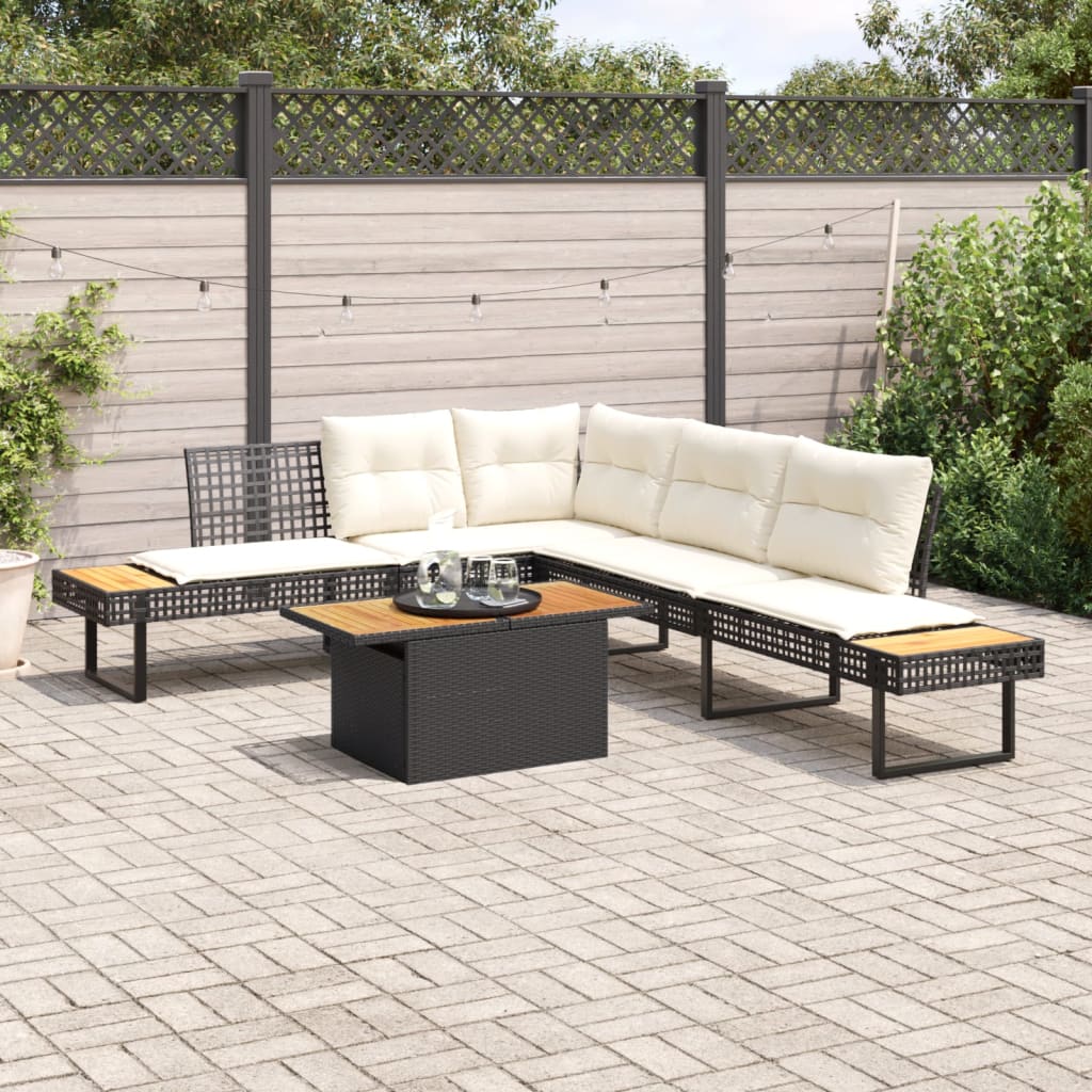 2-delige Loungeset met kussens poly rattan en acaciahout zwart