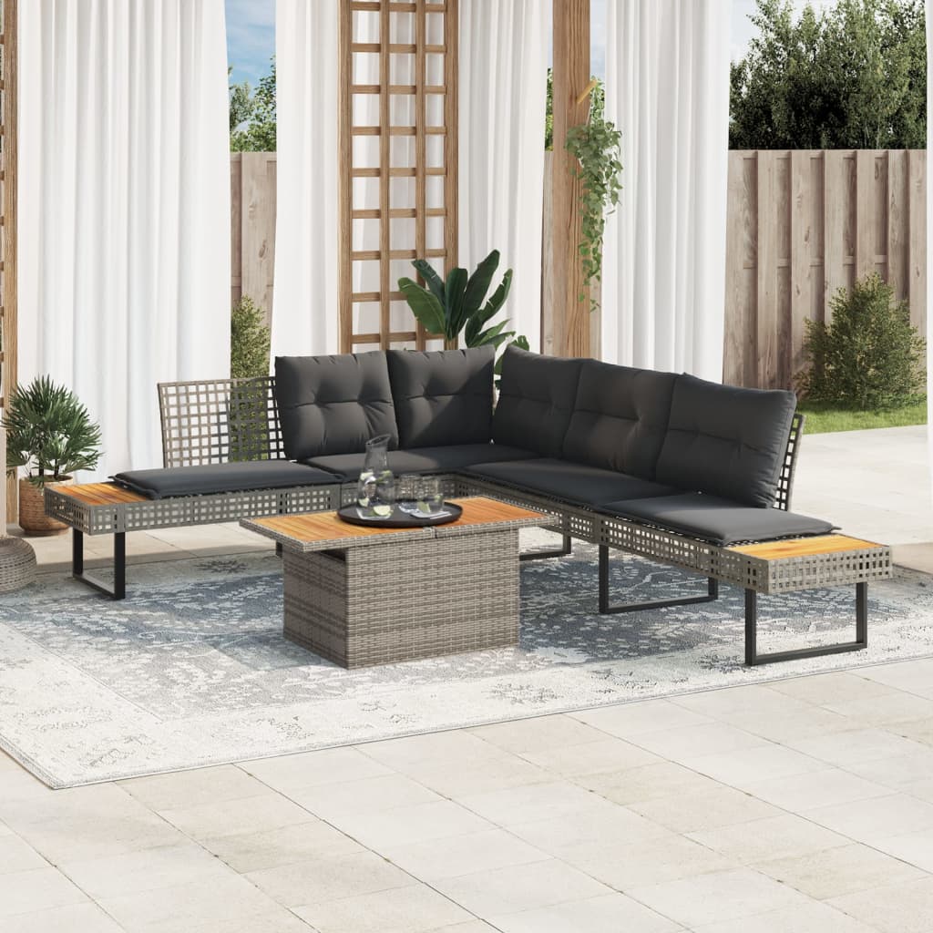 2-delige Loungeset met kussens poly rattan en acaciahout grijs