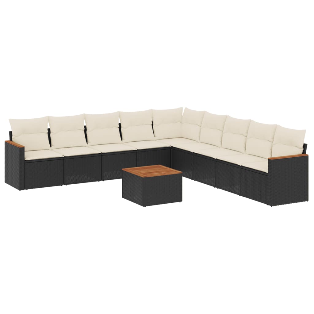 10-delige Loungeset met kussens poly rattan zwart