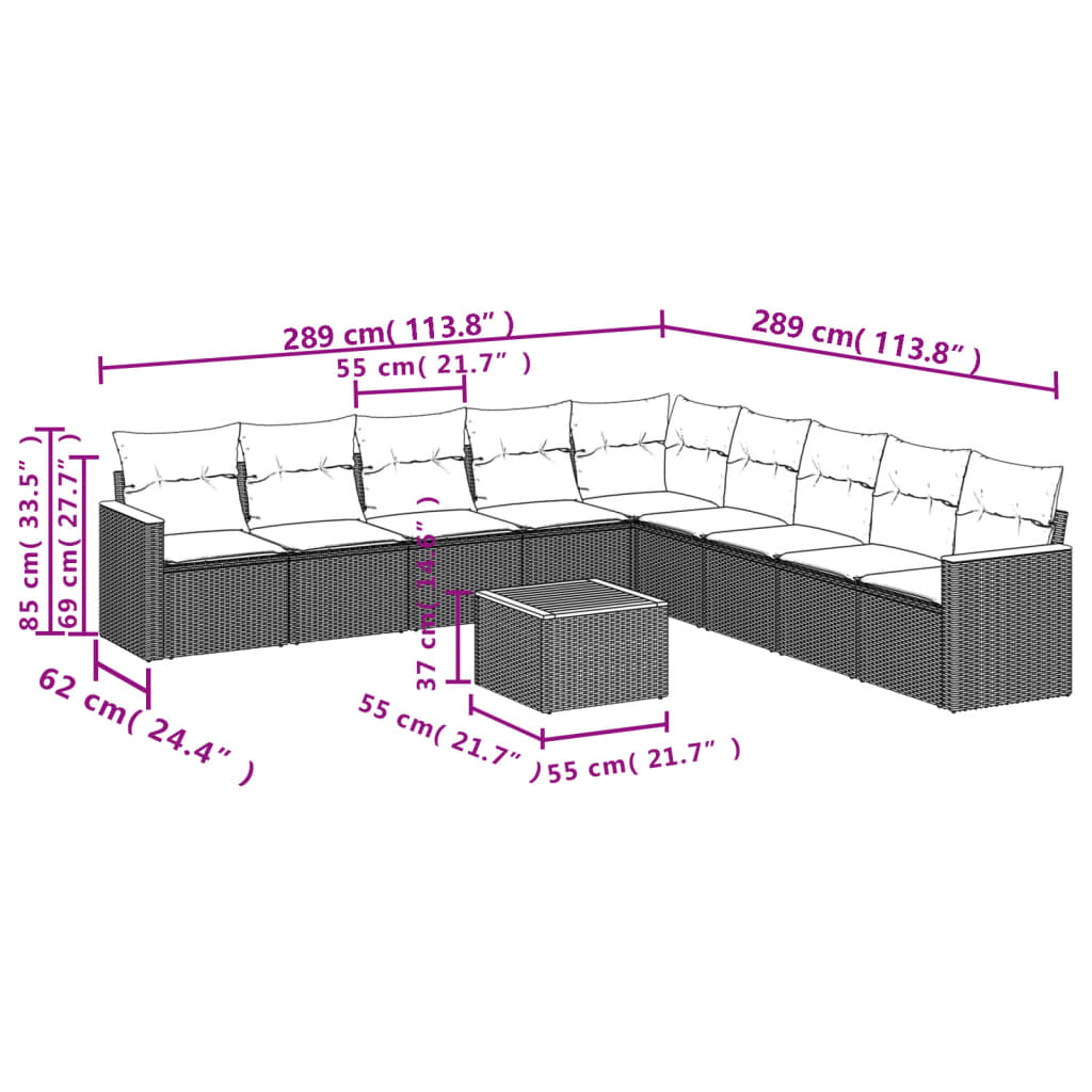 10-delige Loungeset met kussens poly rattan zwart