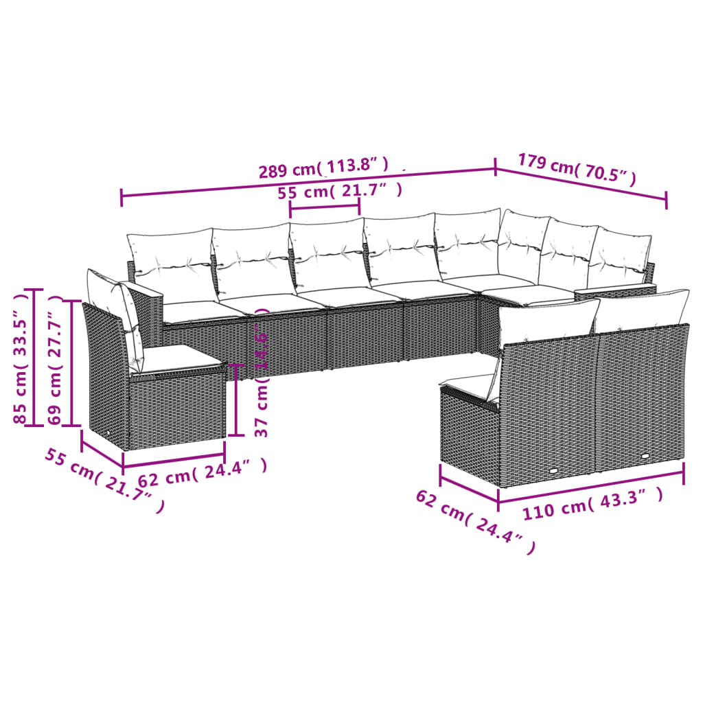 10-delige Loungeset met kussens poly rattan zwart