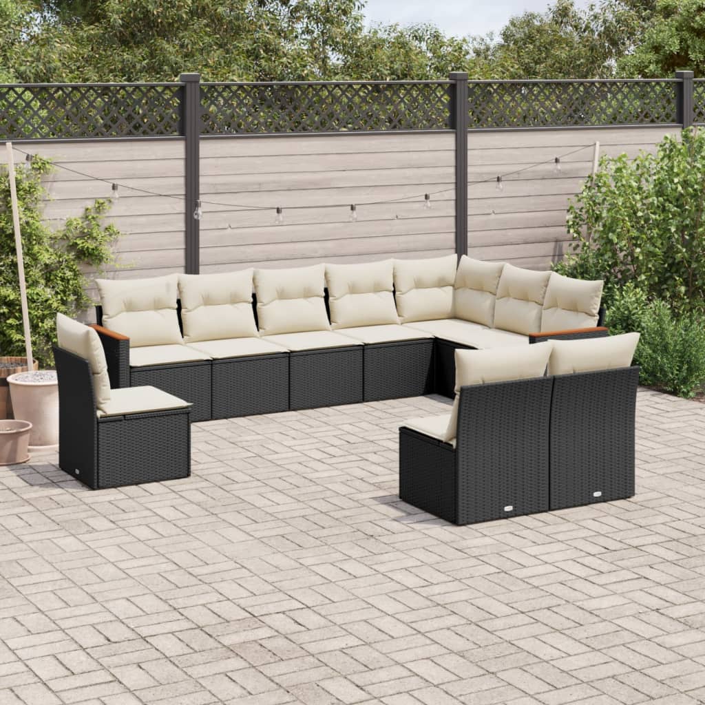 10-delige Loungeset met kussens poly rattan zwart