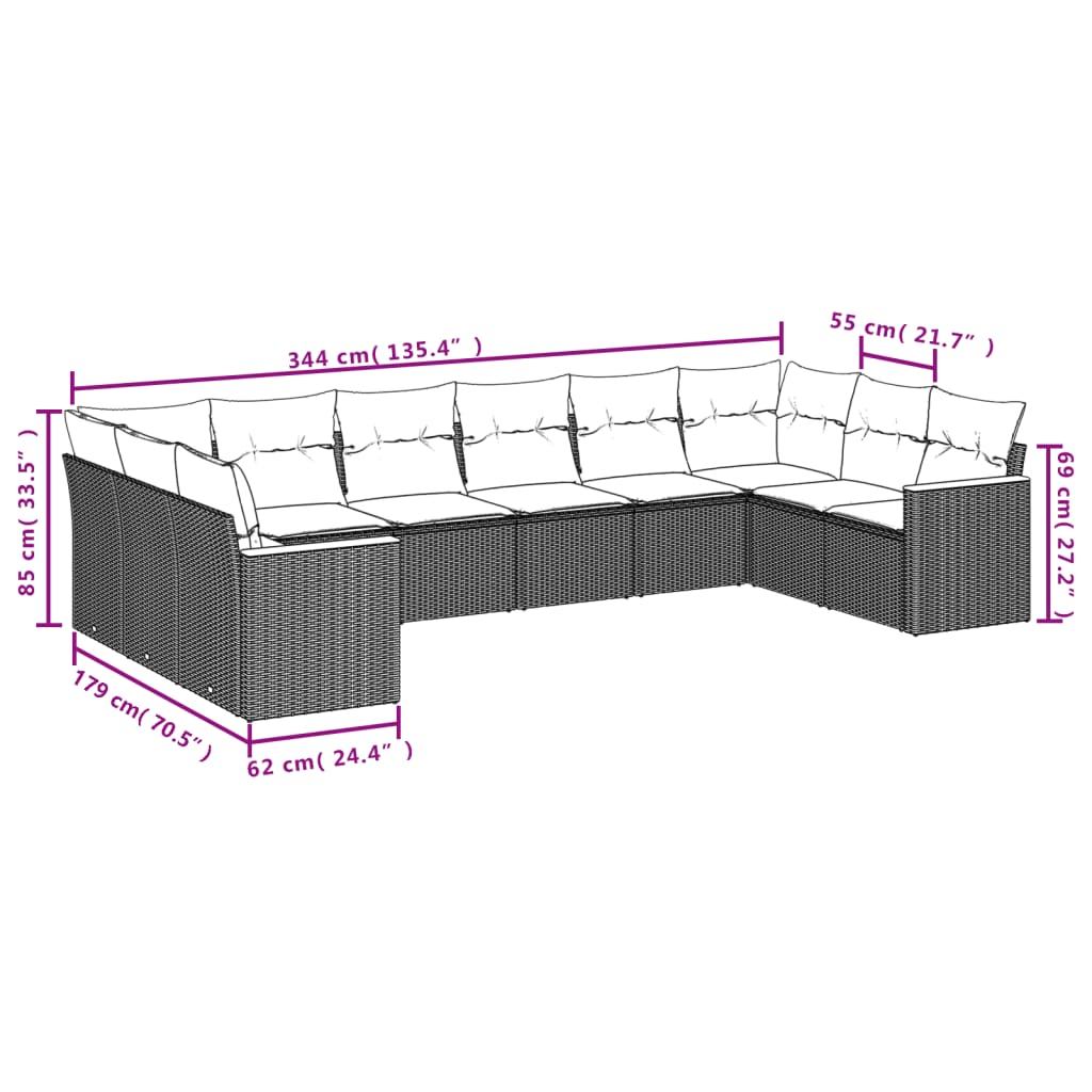 10-delige Loungeset met kussens poly rattan zwart