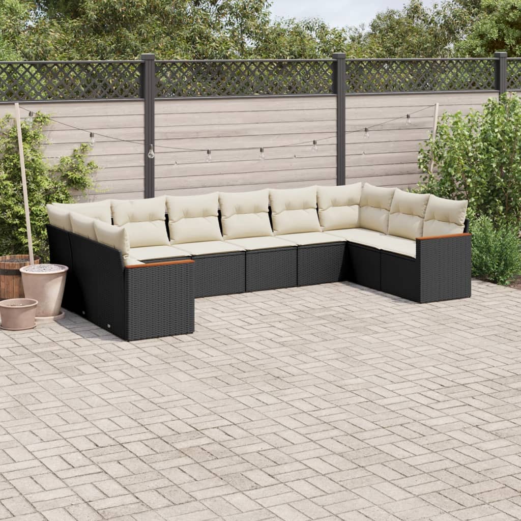 10-delige Loungeset met kussens poly rattan zwart