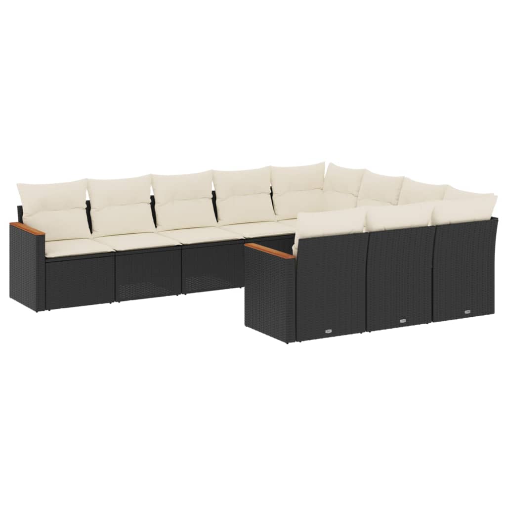 10-delige Loungeset met kussens poly rattan zwart