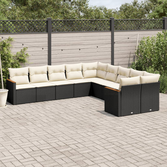 10-delige Loungeset met kussens poly rattan zwart