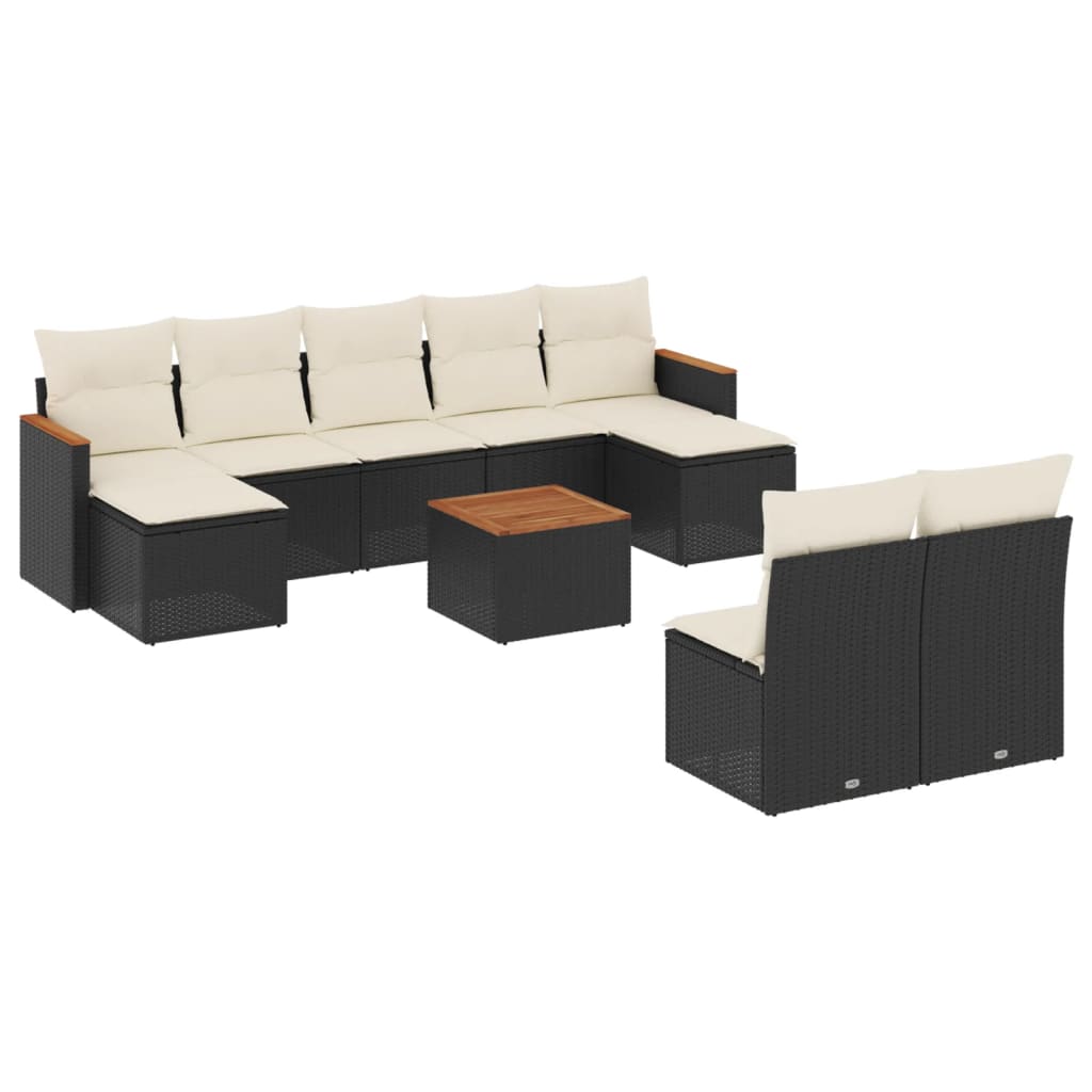 10-delige Loungeset met kussens poly rattan zwart