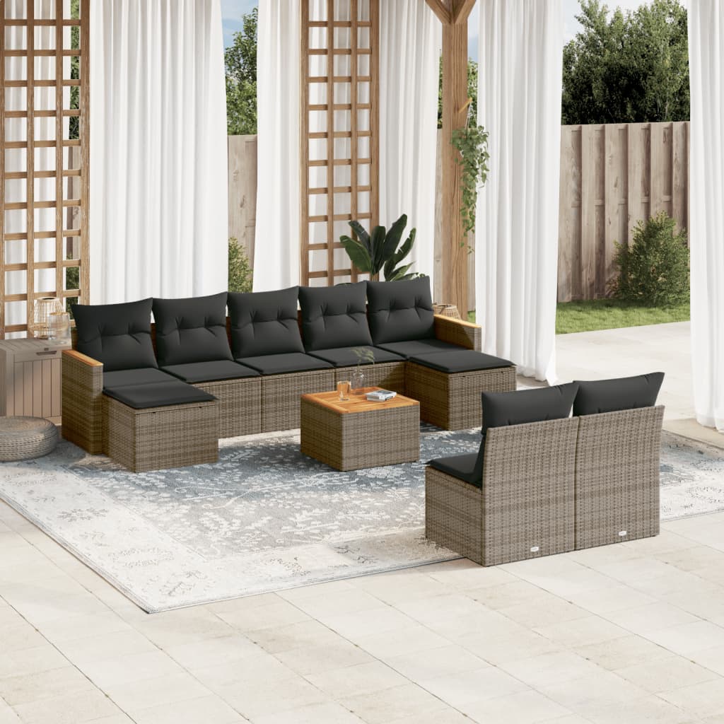 10-delige Loungeset met kussens poly rattan grijs