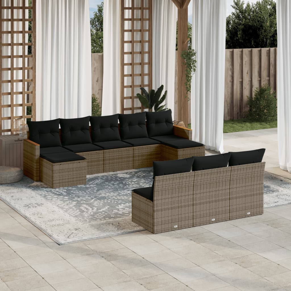 10-delige Loungeset met kussens poly rattan grijs