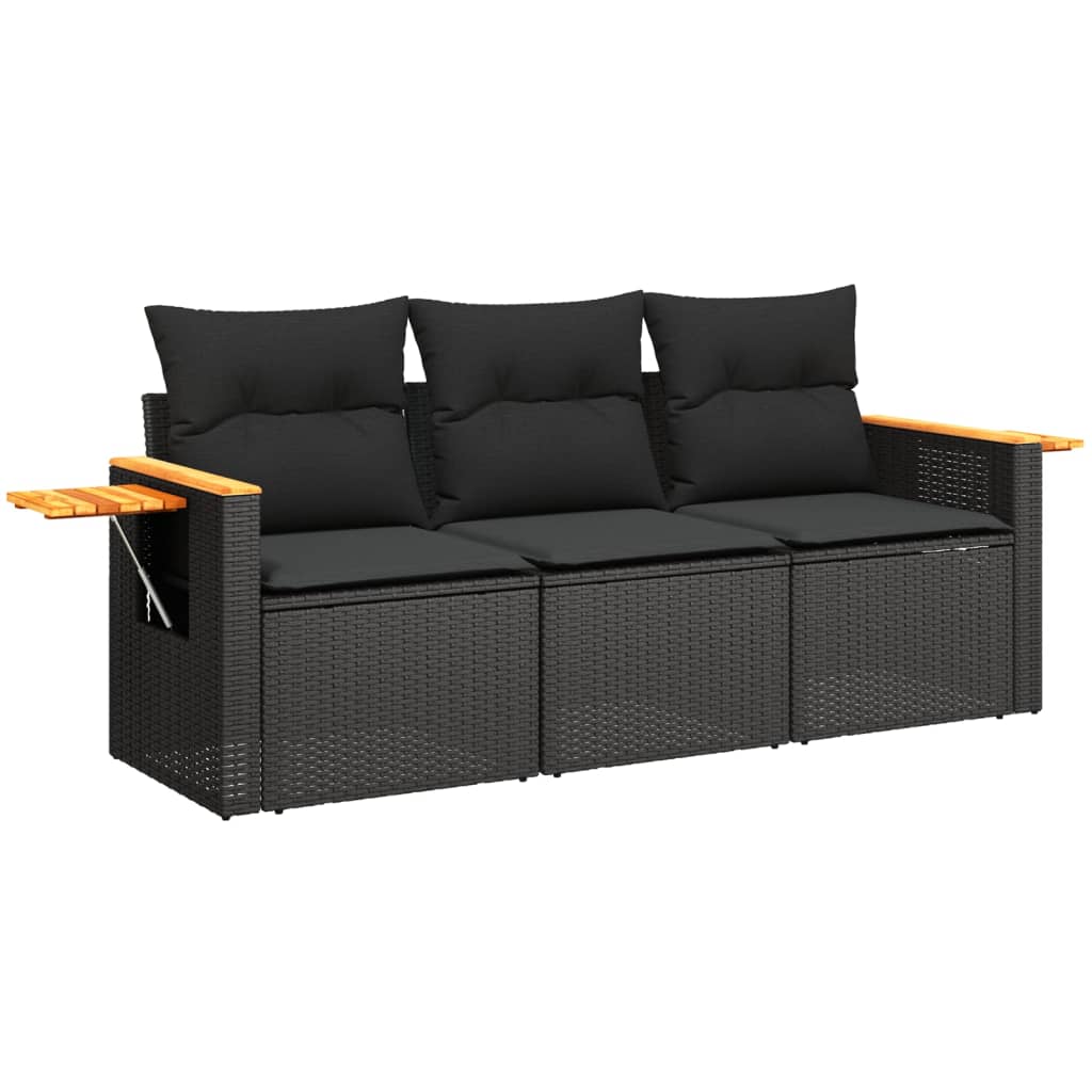 3-delige Loungeset met kussens poly rattan zwart