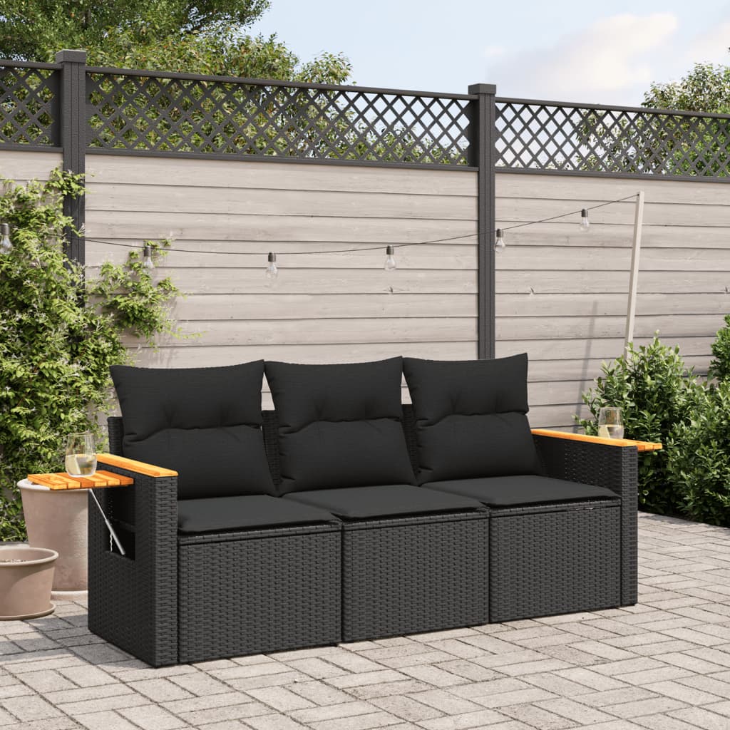 3-delige Loungeset met kussens poly rattan zwart