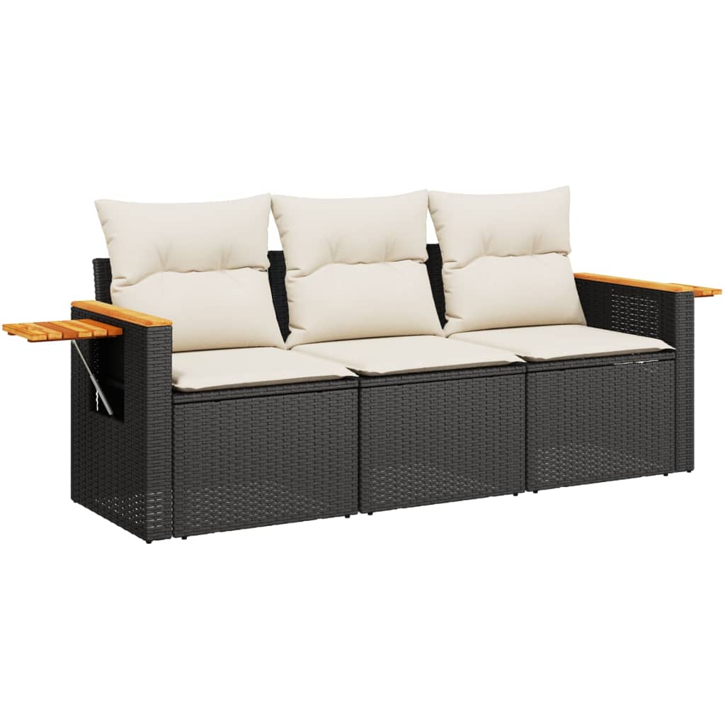 3-delige Loungeset met kussens poly rattan zwart