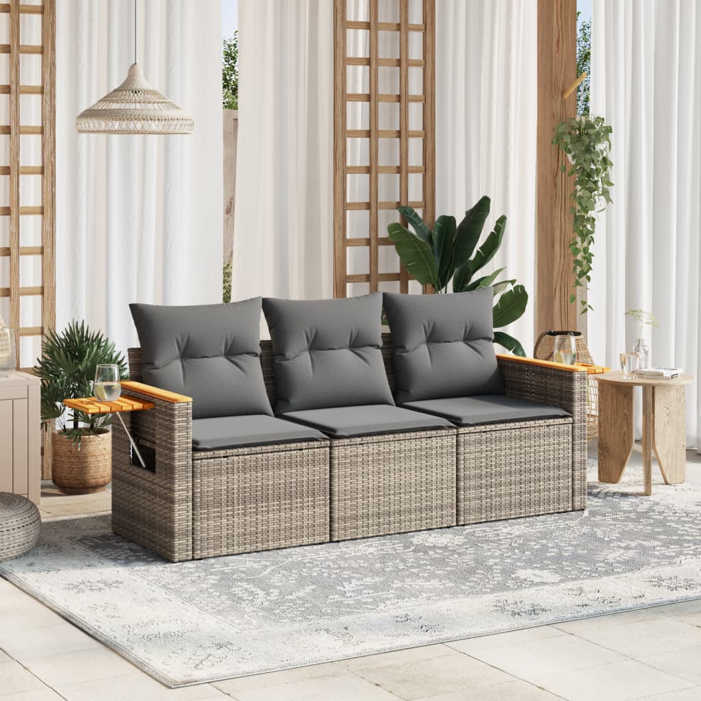 3-delige Loungeset met kussens poly rattan grijs