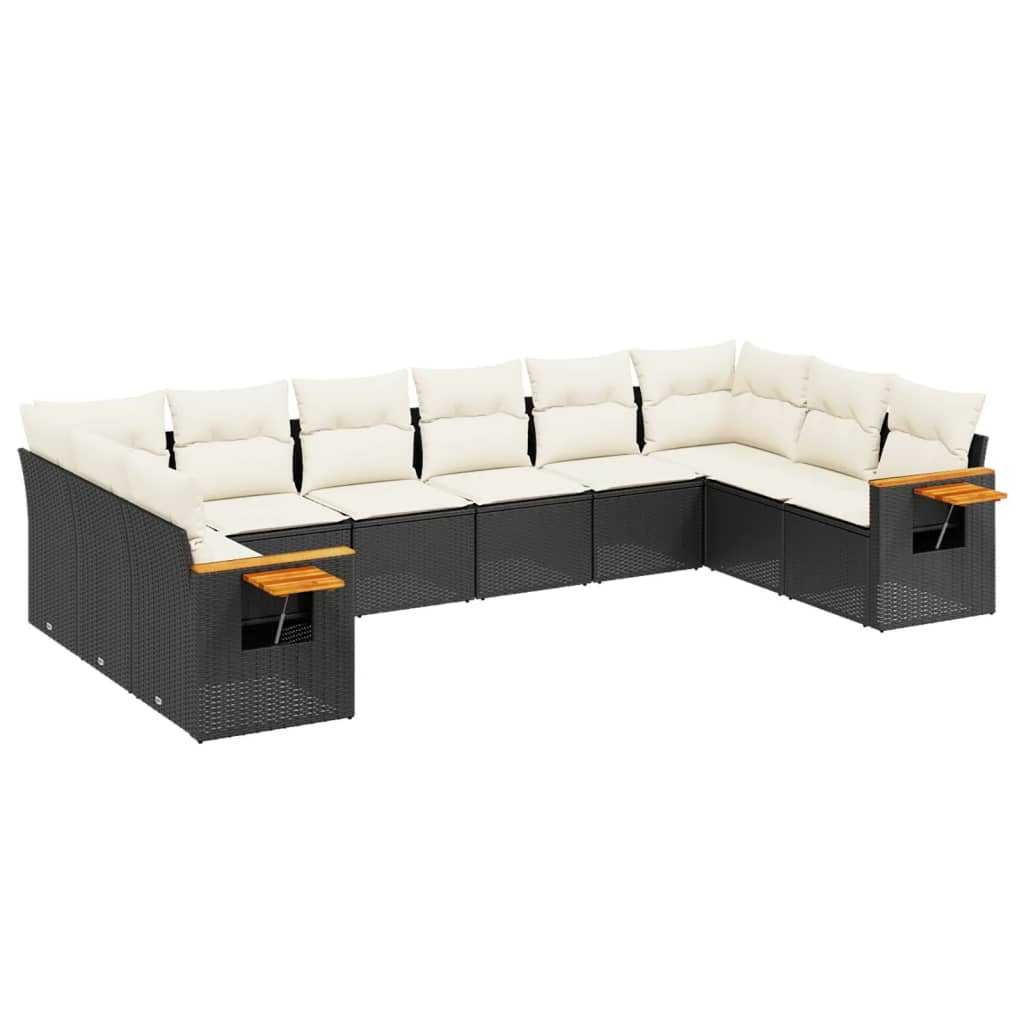 10-delige Loungeset met kussens poly rattan zwart