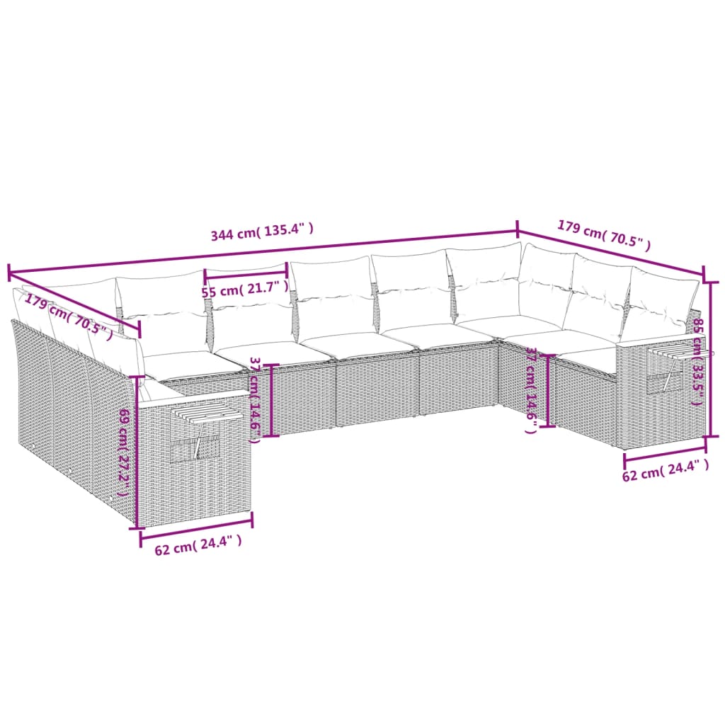 10-delige Loungeset met kussens poly rattan zwart