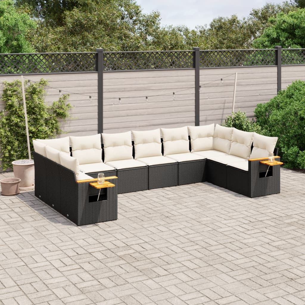 10-delige Loungeset met kussens poly rattan zwart