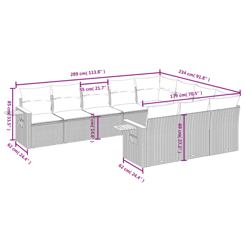 10-delige Loungeset met kussens poly rattan zwart