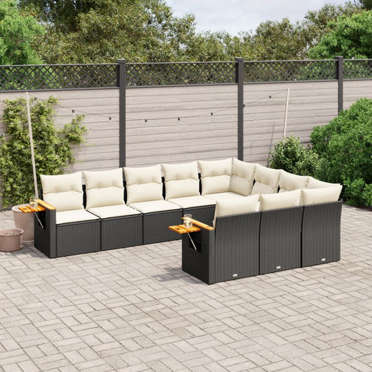 10-delige Loungeset met kussens poly rattan zwart