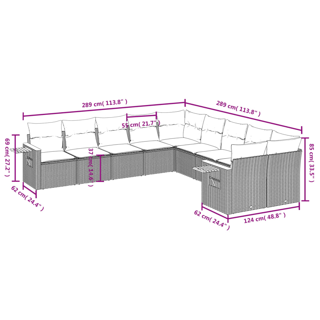 10-delige Loungeset met kussens poly rattan zwart