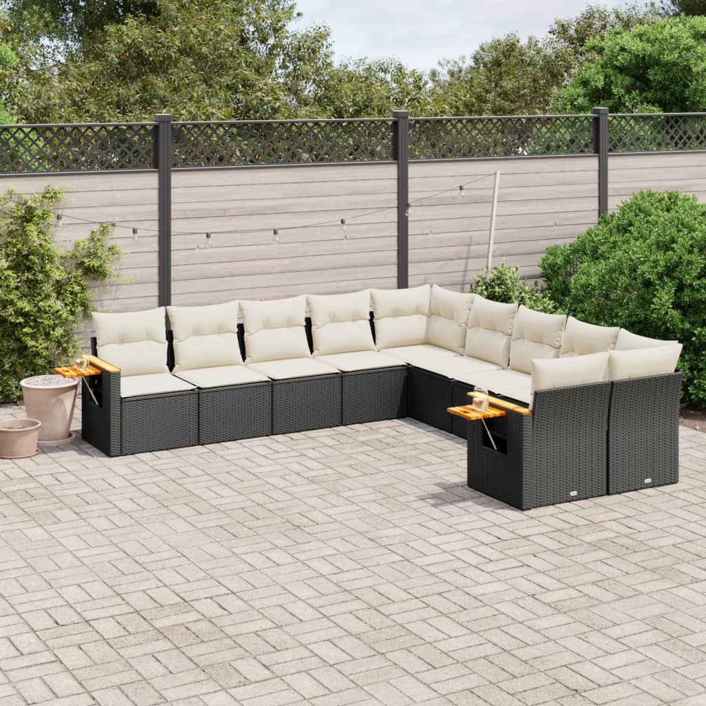 10-delige Loungeset met kussens poly rattan zwart