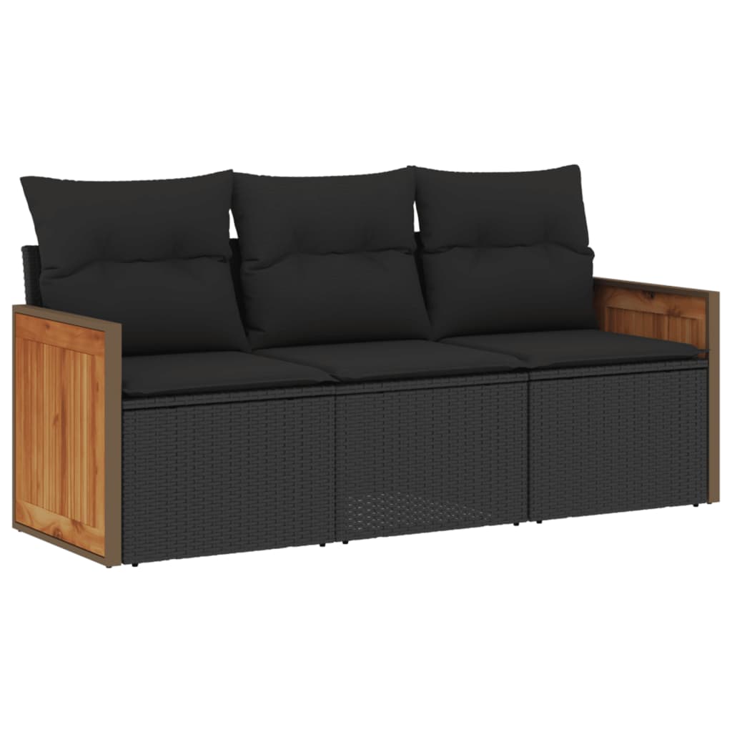 3-delige Loungeset met kussens poly rattan zwart