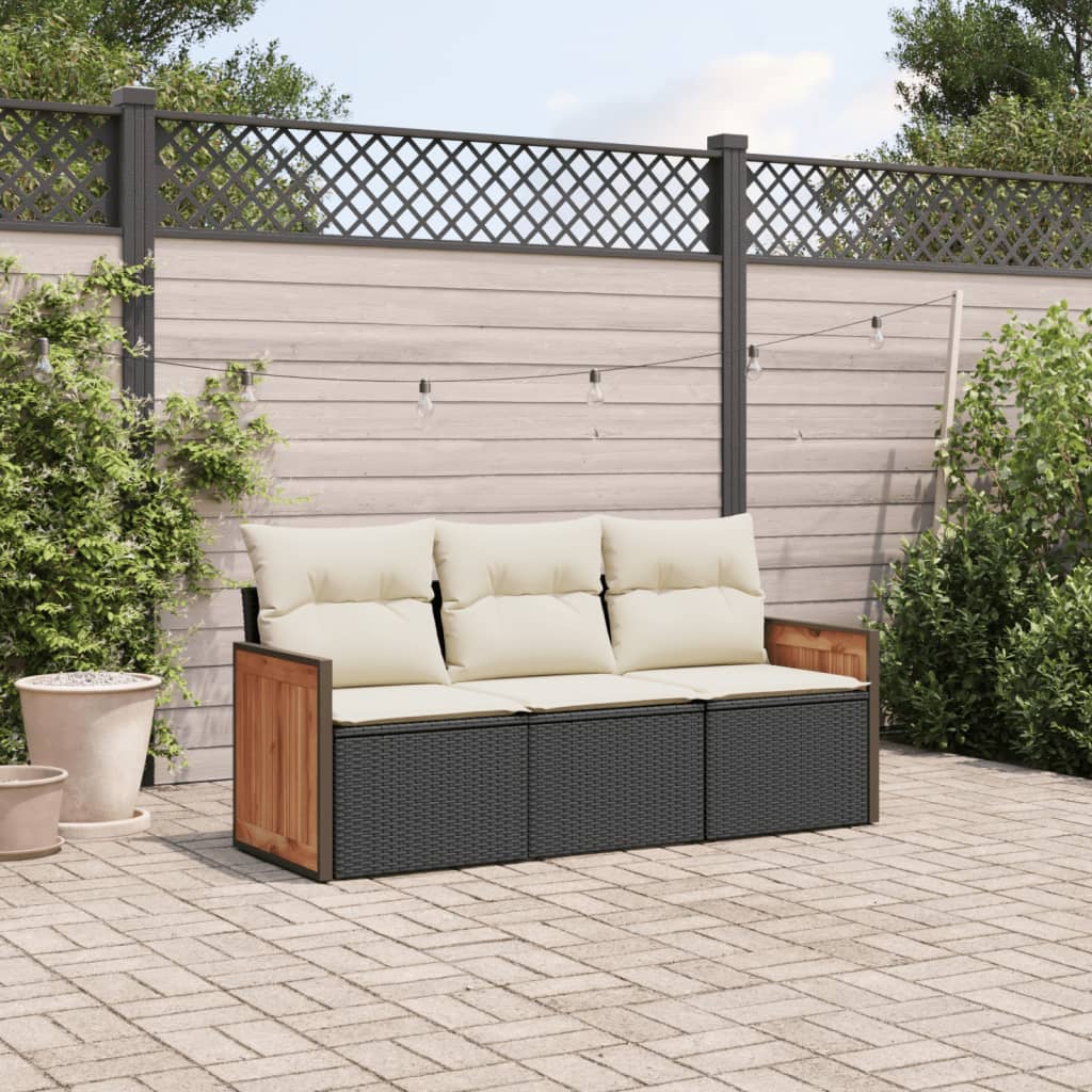 3-delige Loungeset met kussens poly rattan zwart