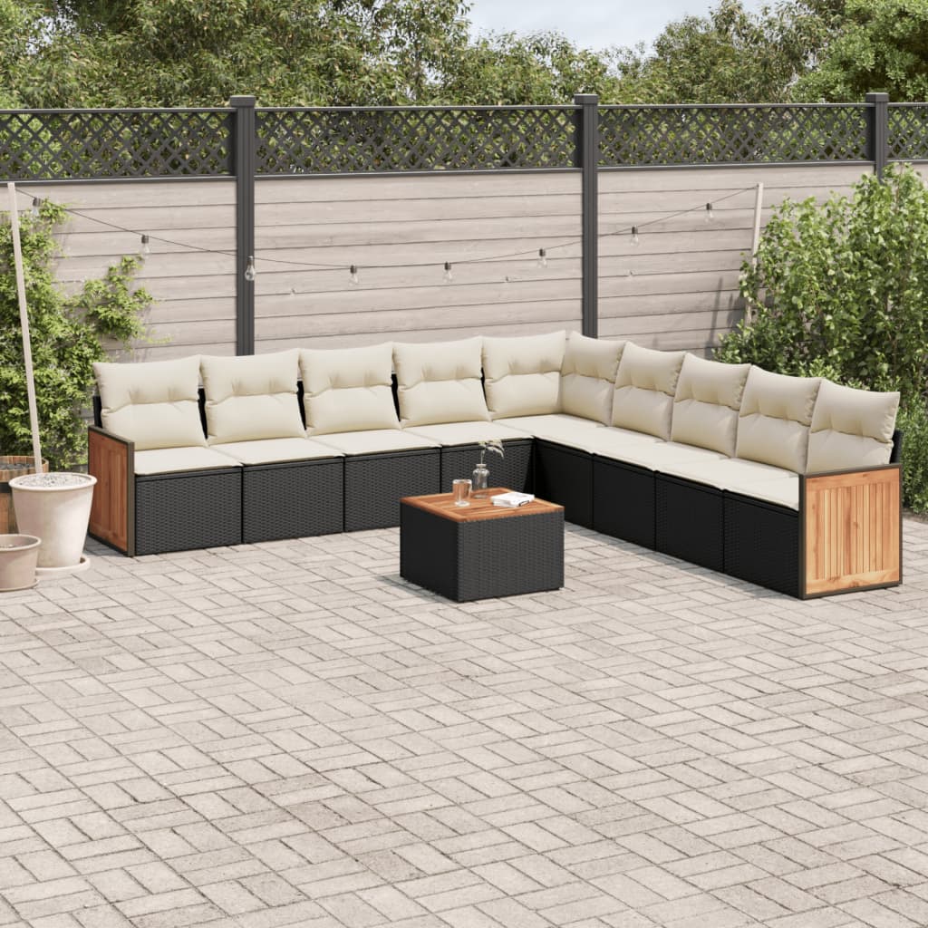 10-delige Loungeset met kussens poly rattan zwart