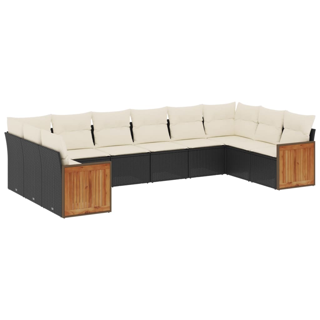 10-delige Loungeset met kussens poly rattan zwart