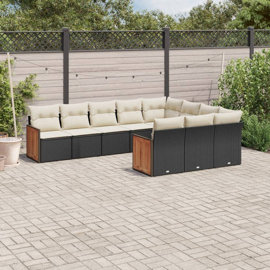 10-delige Loungeset met kussens poly rattan zwart