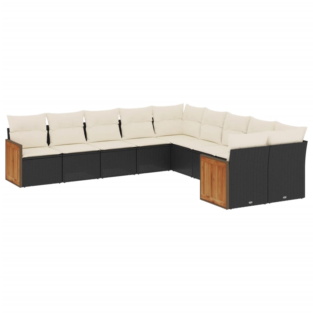 10-delige Loungeset met kussens poly rattan zwart