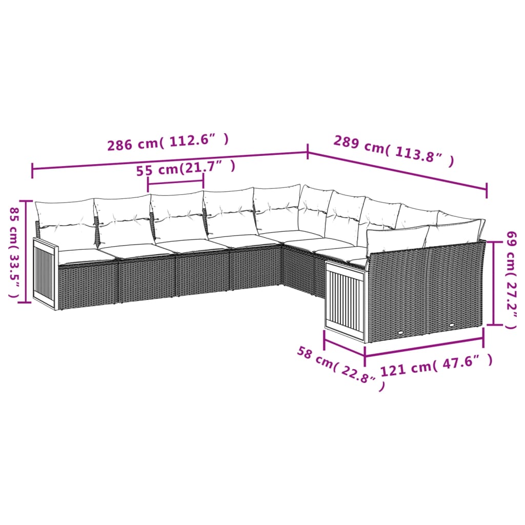 10-delige Loungeset met kussens poly rattan zwart