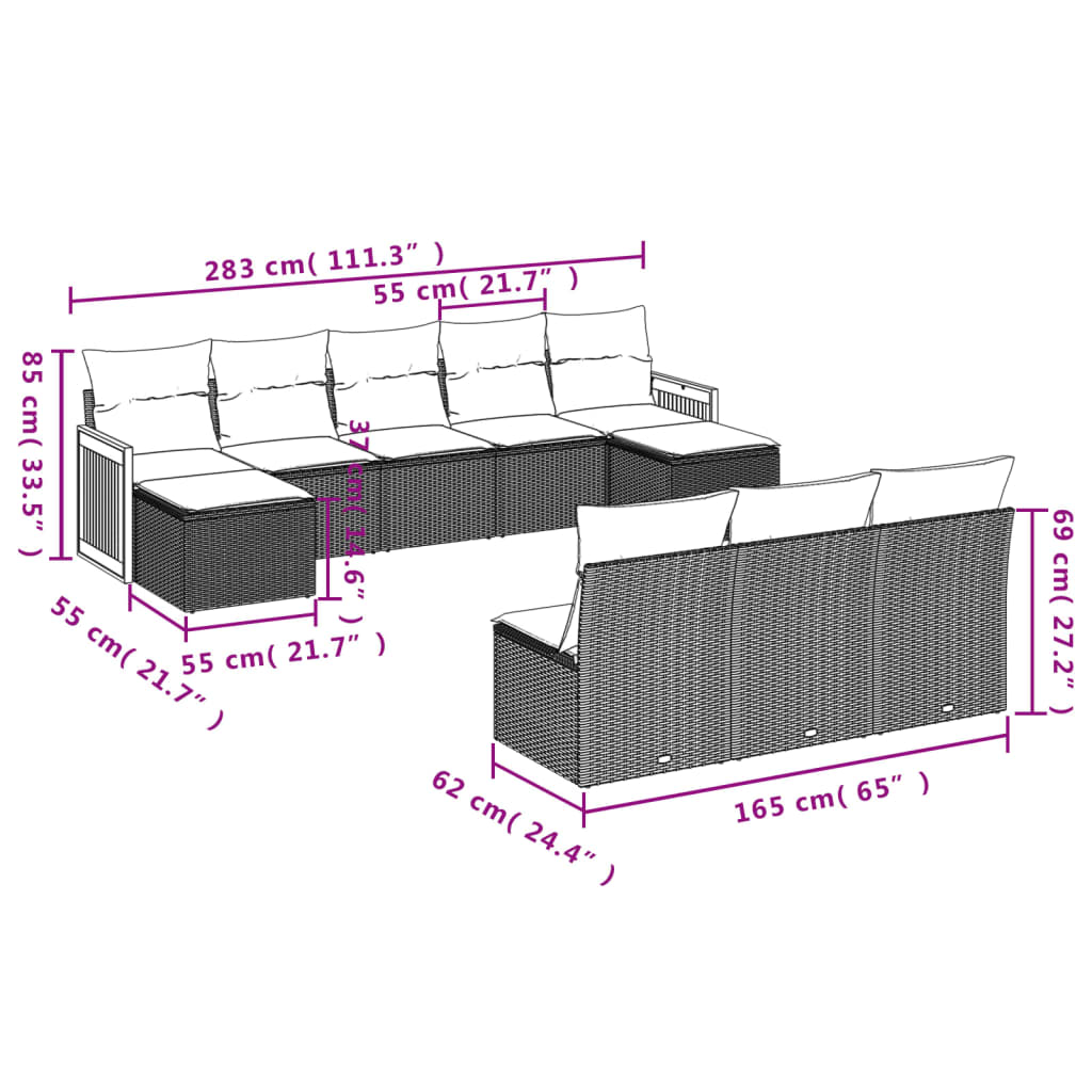 10-delige Loungeset met kussens poly rattan zwart