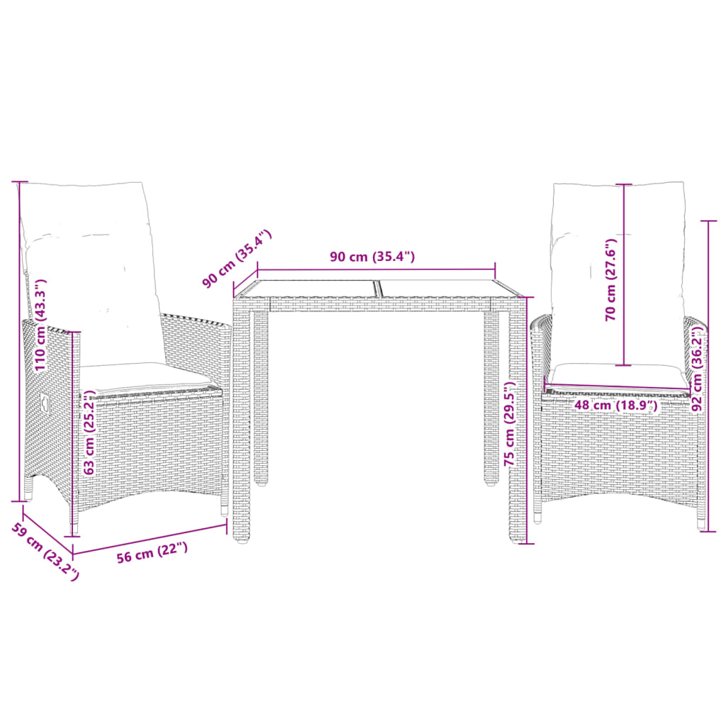 3-delige Bistroset met kussens poly rattan zwart