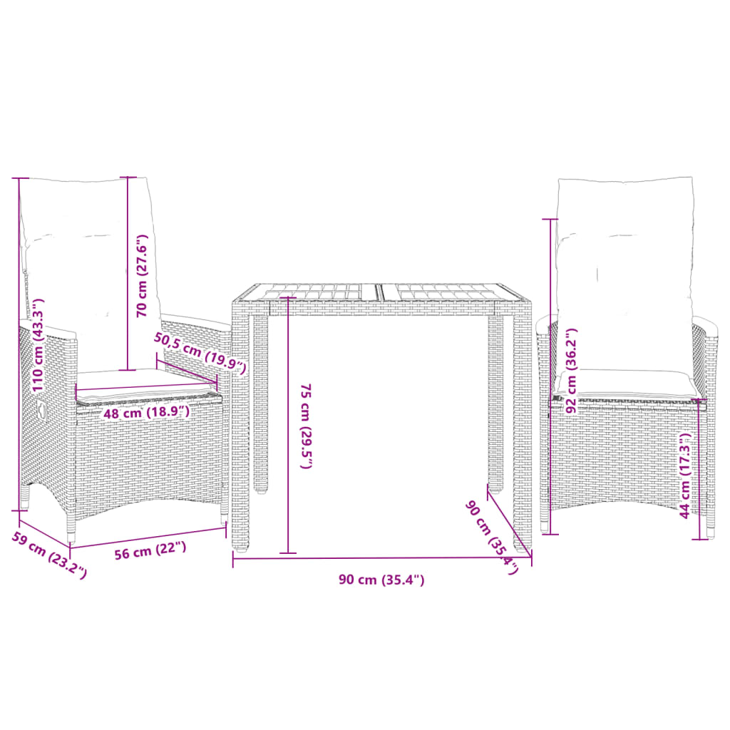 3-delige Bistroset met kussens poly rattan zwart