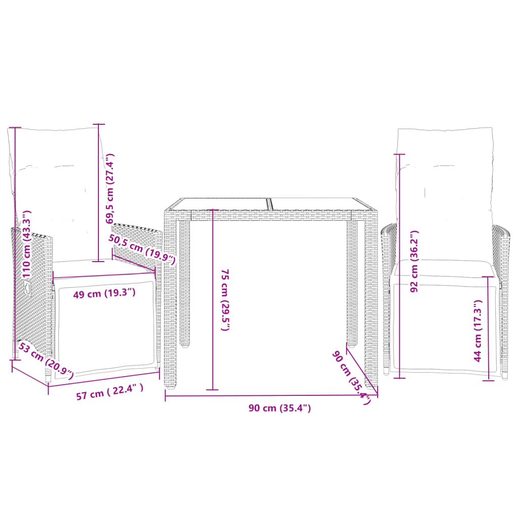 3-delige Bistroset met kussens poly rattan zwart